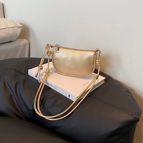 Minimalist Women PU Leather Saddle Bag With Knot Strap Lychee Texture Half-Moon Crossbody Shoulder Bag For Daily Street Fashion