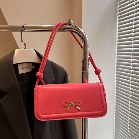 Damen PU-Leder Unterarmtasche Minimalistisch Einfarbig Schultertasche Mit Metallschleife Und Verknotetem Riemen Umhängetasche