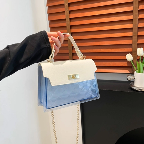 Bolso de Hombro de Mujer en Color de Contraste PVC Transparente Cuero PU Bolso Acolchado Cadena de Metal Bolso Cuadrado