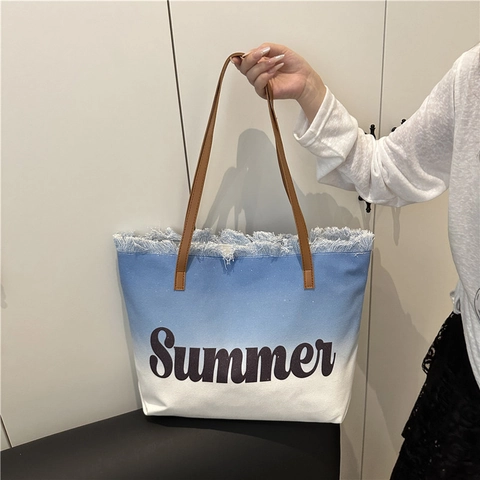 Women Summer Gradient Canvas Tote Bag Large Capacity Beach Shoulder Bag With PU Leather Handle And Tassel Frayed Edges