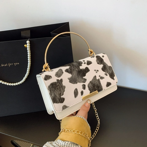 Women Fashion Cow Print PU Leather Small Square Bag With Gold Circular Handle Metal Chain Strap Crossbody Bag Daily Commute
