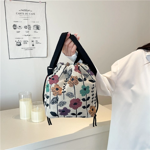 Borsa a Secchiello Vintage Floreale Jacquard Donna Artistico Coulisse Tracolla Piccola Tela Borsa a Mano Quotidiano Viaggio