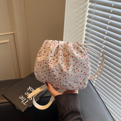Women Floral Printed Bucket Bag Small Drawstring Shoulder Crossbody Bag Casual Fabric Handbag For Lady Outdoor Travel