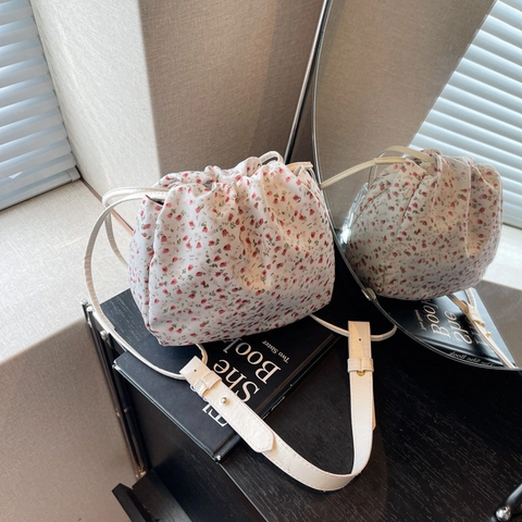 Women Floral Print Canvas Shoulder Bag Korean Small Fresh Drawstring Bucket Bag For Casual Daily Travel Outing Lady Bag