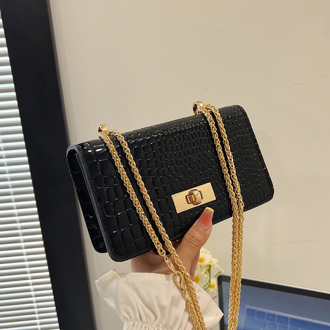 Sac à Bandoulière Femme Motif Crocodile Chaîne Cuir PU Sac Carré Serrure Dorée Sac à Main Elégant Navettage Accessoires Quotidiens