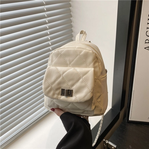 Women Fashion Mini Quilted Backpack PU Leather Chain Shoulder Bag Elegant Diamond Pattern Lady Travel Casual Small Rucksack Bag