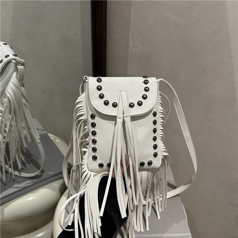 Vintage Boho PU Leder Fransen Umhängetasche Mit Nieten Quasten Litchi Muster Kleine Quadratische Schultertasche Für Damen Alltag Reise