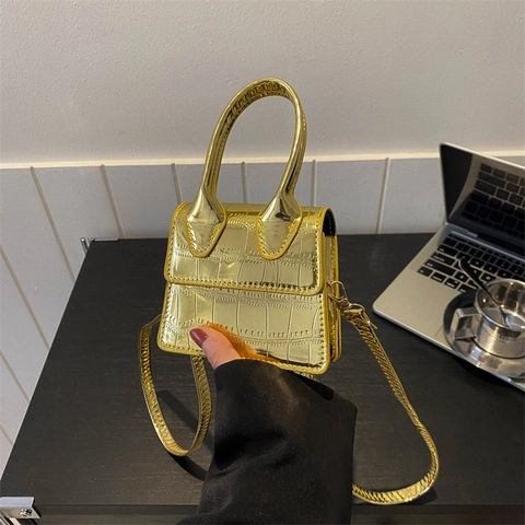 Mini Sac à Main Bandoulière Métallisé Motif Crocodile pour Femmes Mode 2025 Petit Sac en Cuir PU avec Poignée