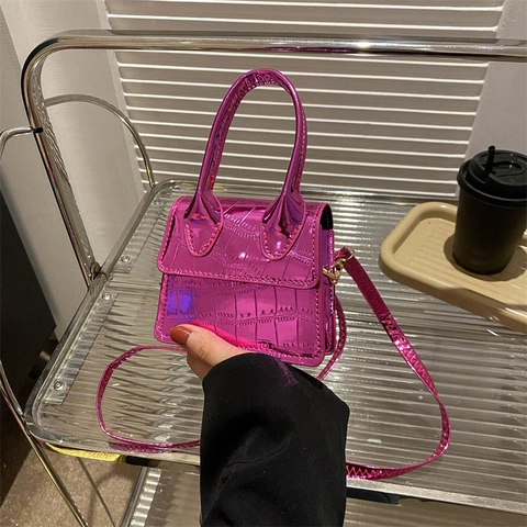 Mini Sac à Main Bandoulière Métallisé Motif Crocodile pour Femmes Mode 2025 Petit Sac en Cuir PU avec Poignée