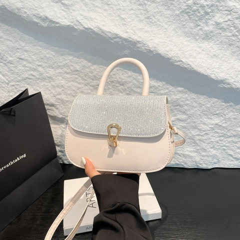 French Style Women Rhinestone Glitter Shoulder Bag PU Leather Square Handbag With Gold Metal Lock For Party Daily Use