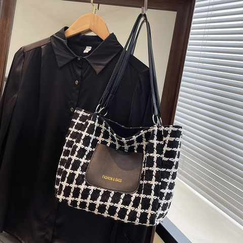 Grote Capaciteit Ruit Tweed Tote Bag Voor Vrouwen Minimalistische Schoudertas Met Kat Hanger Casual Mode Reishandtas
