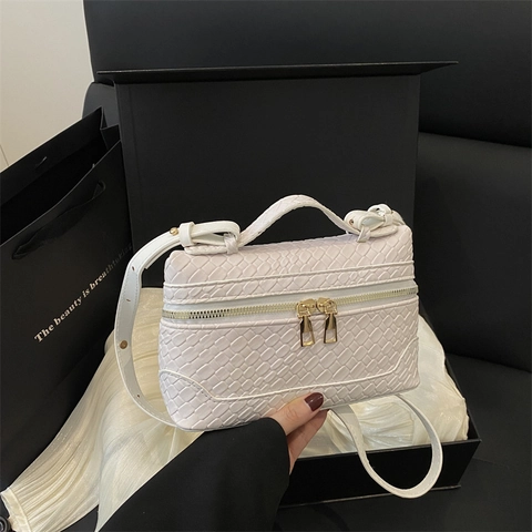 Women Woven Texture Shoulder Bag French Style PU Leather Crossbody Bag With Top Handle Double Zipper Mini Box Bag Gold Hardware