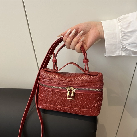 Women Woven Texture Shoulder Bag French Style PU Leather Crossbody Bag With Top Handle Double Zipper Mini Box Bag Gold Hardware