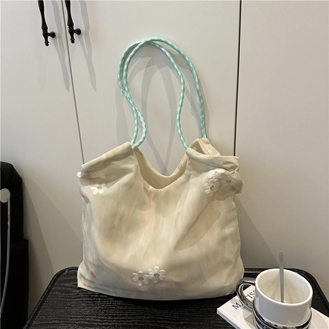 Women Floral Embroidery Organza Tote Bag Tie Dye Artistic Mesh Handbag With Braided Rope Handle Large Capacity Shoulder Bag
