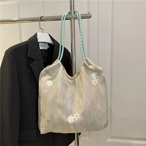 Women Floral Embroidery Organza Tote Bag Tie Dye Artistic Mesh Handbag With Braided Rope Handle Large Capacity Shoulder Bag