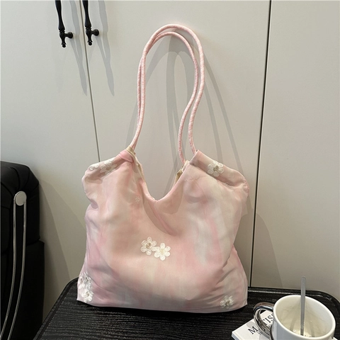 Bolso De Mano De Malla Fresca Coreana Para Mujer Bordado Floral Gran Capacidad Bolso De Hombro Con Asa De Cuerda Trenzada Para Playa