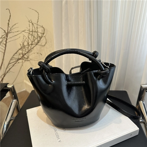 Fashion Shiny PU Leather Bucket Bag Knotted Handle Crossbody Tote Shoulder Bag Adjustable Strap Daily Versatile Handbag