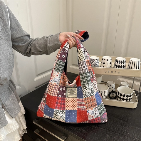 Γυναικεία Vintage Patchwork Υφασμάτινη Τσάντα Tote Μεγάλη Χωρητικότητα Πολύχρωμη Floral Καρό Τσάντα Ώμου για Ψώνια Καθημερινή
