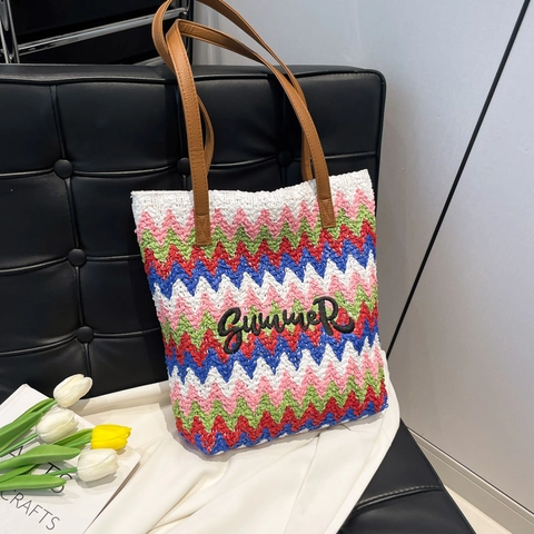 Bolso Tote de Paja Tejida de Verano Mujeres Contraste de Color Patrón de Ondas Bordado Gran Capacidad Bolso de Playa Hombro