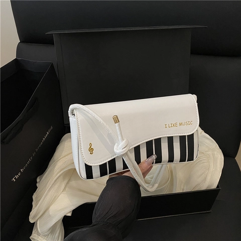 Women Piano Keyboard Pattern PU Leather Shoulder Bag Vintage Small Square Crossbody Bag With Music Note I Like Music Slogan