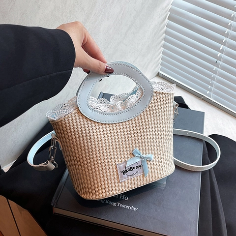Women Sweet Bow Woven Straw Bucket Bag With Lace Trim PU Leather Handle Adjustable Shoulder Strap Summer Beach Vacation Bag