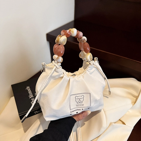 Borsa a Tracolla Plissettata in Pelle PU Per Donna Alla Moda Manico In Perline Borsa A Mano Estiva Casual Con Coulisse