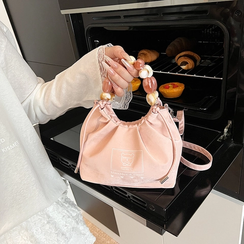 Women PU Leather Ruched Shoulder Bag With Marbled Bead Handle Chic Pleated Drawstring Crossbody Bag Cloud Handbag