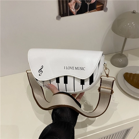 Dames Muziek Thema Pianotoetsenbord Zadeltas PU Leer Retro Casual Kleine Schoudertas Crossbody Tas Met Brede Band