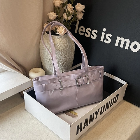 Women PU Leather Underarm Bag Vintage Baguette Bag With Belt Buckle Solid Color Minimalist Small Shoulder Bag For Casual Office