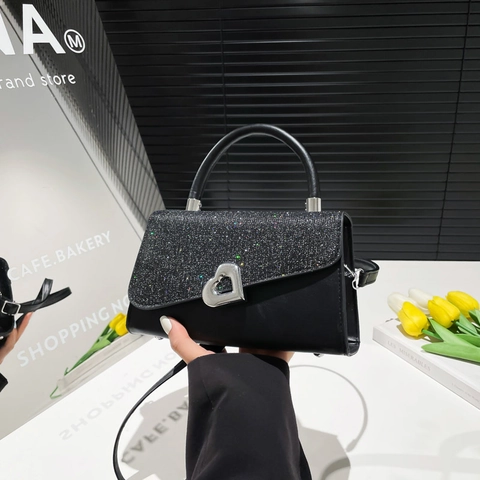 Fashion Women Heart Shaped Lock Shoulder Bag Glitter Sequin Splicing PU Leather Handbag Casual Crossbody Small Square Bag