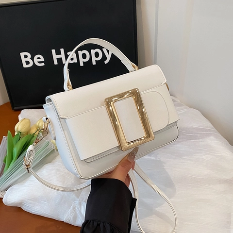 Women Vintage PU Leather Small Square Bag Gold Metal Buckle Fashion Shoulder Crossbody Top Handle Bag For Daily Commute
