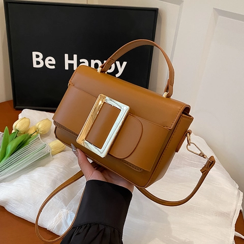 Women Vintage PU Leather Small Square Bag Gold Metal Buckle Fashion Shoulder Crossbody Top Handle Bag For Daily Commute