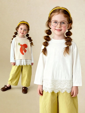 Girls White Cotton Floral Lace Hem Long Sleeve T-Shirt Sweet Round Neck Casual Soft Spring Autumn Basic Pullover Top
