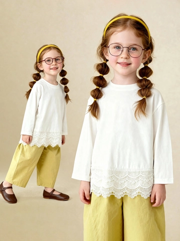 Girls White Cotton Floral Lace Hem Long Sleeve T-Shirt Sweet Round Neck Casual Soft Spring Autumn Basic Pullover Top