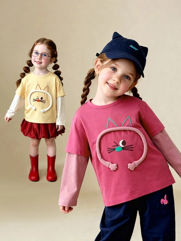 Kids Fake Two Piece Long Sleeve Top Pants Set Cotton Blend Stereoscopic Cartoon Cat T-Shirt Sweatshirt Boys Girls Unisex Daily Wear