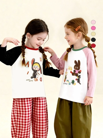 Kids Cartoon Raglan Long Sleeve T-Shirt Contrast Color Cotton Blend Round Neck Casual Pullover Top For Boys Girls