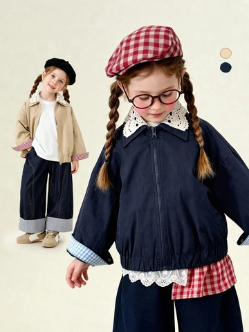 Girls Retro Casual Zip Up Jacket With Lace Turn-down Collar Gingham Cuffs Cotton Outwear Khaki Navy Spring Children Coat