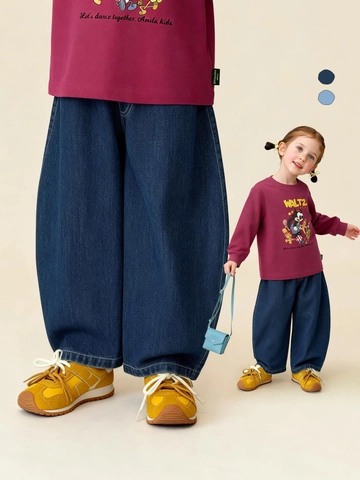 Kids Cotton Wide Leg Jeans Solid Color Elastic Waist Denim Pants For Boys Girls Daily Casual Vintage Loose Trousers