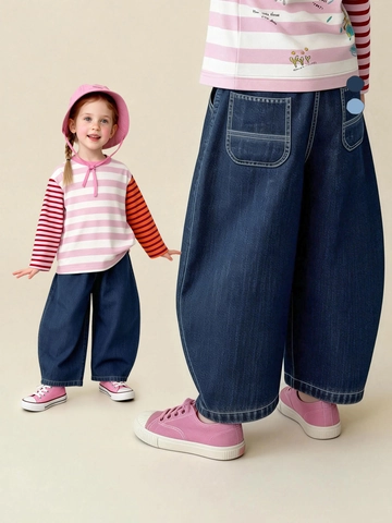Kids Cotton Wide Leg Jeans Solid Color Elastic Waist Denim Pants For Boys Girls Daily Casual Vintage Loose Trousers