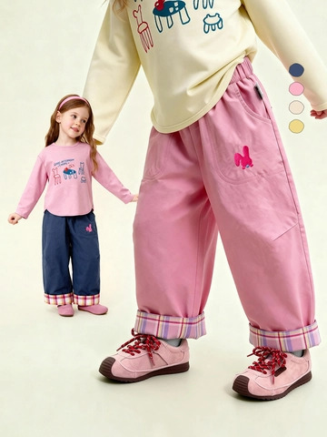 Kids 100% Cotton Casual Pants With Cartoon Rabbit Squirrel Embroidery And Plaid Cuffs Versatile Loose Fit Trousers For Boys Girls