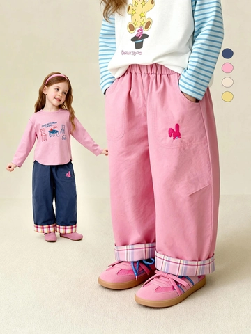 Kids 100% Cotton Casual Pants With Cartoon Rabbit Squirrel Embroidery And Plaid Cuffs Versatile Loose Fit Trousers For Boys Girls