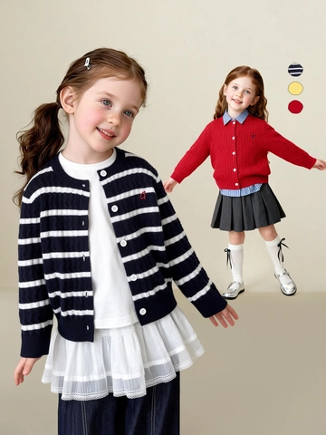 Meisjes Kabelpatroon Gebreid Vest Gestreept Ronde Hals Knoopsluiting Warme Gebreide Kleding Voor Kinderen Lente Herfst Casual Outwear