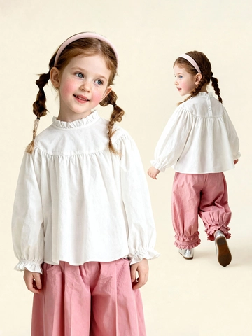 Camicia da Bambina con Colletto a Volant in Cotone Viscosa Manica Lunga a Lanterna Stile Pastorale Fresco Blusa Bianca di Base per Bambini Quotidiano Scuola