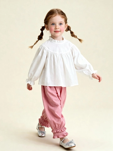 Camicia da Bambina con Colletto a Volant in Cotone Viscosa Manica Lunga a Lanterna Stile Pastorale Fresco Blusa Bianca di Base per Bambini Quotidiano Scuola