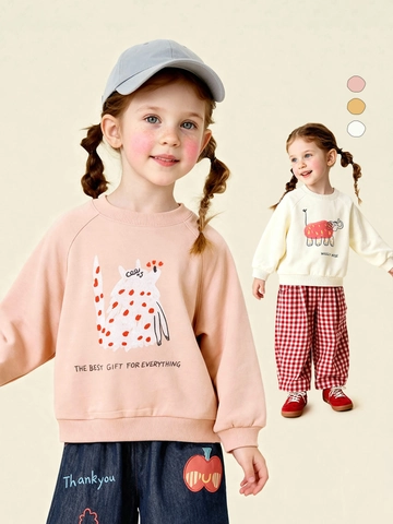 Girls Cartoon Animal Printed Cotton Sweatshirt Round Neck Long Sleeve Kids Casual Pullover Top For Spring Autumn