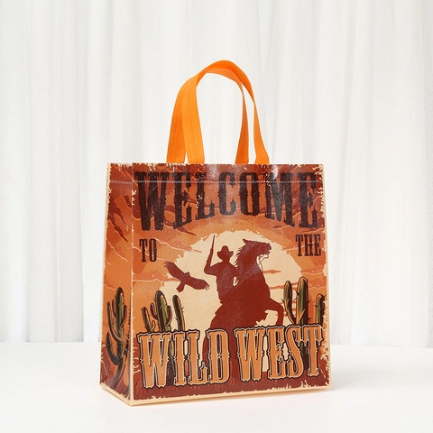 Sacchetto Regalo a Tema Wild West Vintage Borsa per la Spesa in Tessuto Non Tessuto Laminato Con Manici Stampa Cowboy Teschio