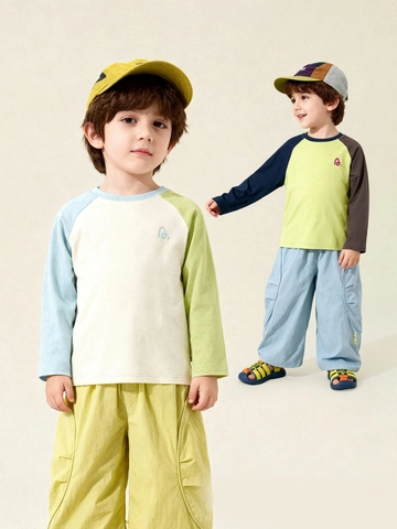 Kids Boys Casual Clothing Set Contrast Color Raglan Long Sleeve T-Shirt And Cargo Pants Outfit For Spring Autumn Everyday