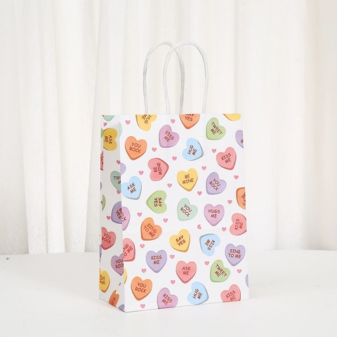 Valentine's Day Kraft Paper Gift Bags With Handles Heart Pattern Love Letter Print Portable Festive Party Gift Wrap Bags
