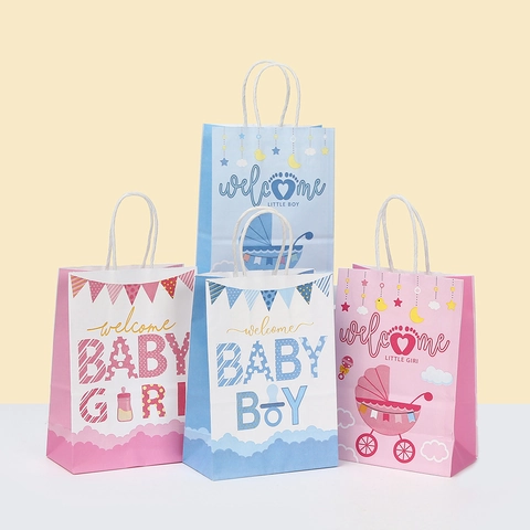 Sacchetti Regalo per Baby Shower in Carta Kraft Portatili per Bambino e Bambina Gender Reveal Bomboniere Welcome Baby Cartoon
