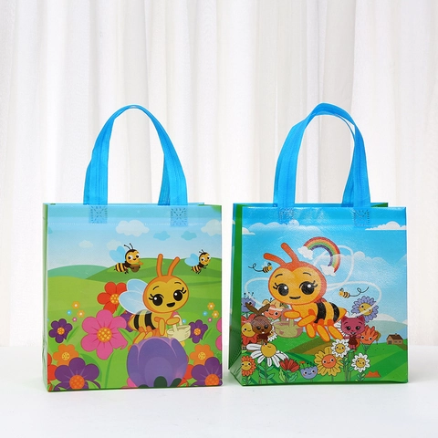 Cartoon Biene Blumen Vliesstoff Laminiert Wasserdicht Geschenktüte Wiederverwendbar Öko-Shopping-Tasche Handtasche Für Kinder Geburtstag